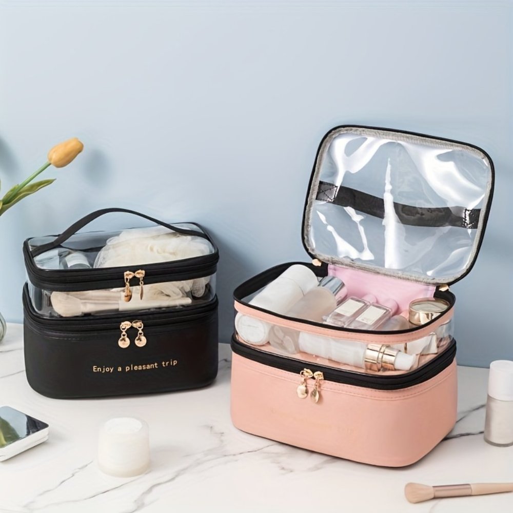 Double-Layer Cosmetic Bag with Large Capacity for Travel and Toiletries - Picture 4 of 4